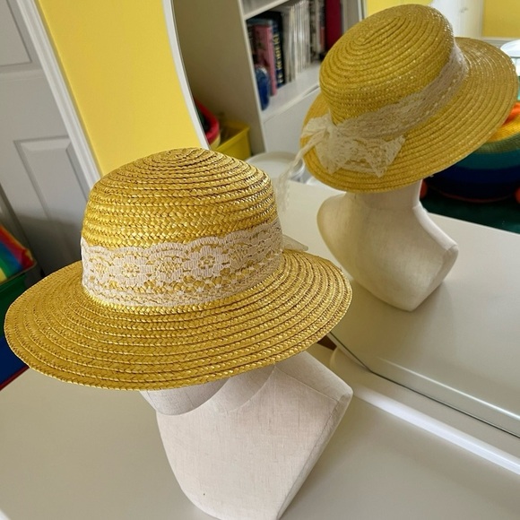 🌈 Hat & 2 bands : yellow straw hat / neutral lace ribbon and rainbow bandana - Picture 10 of 16